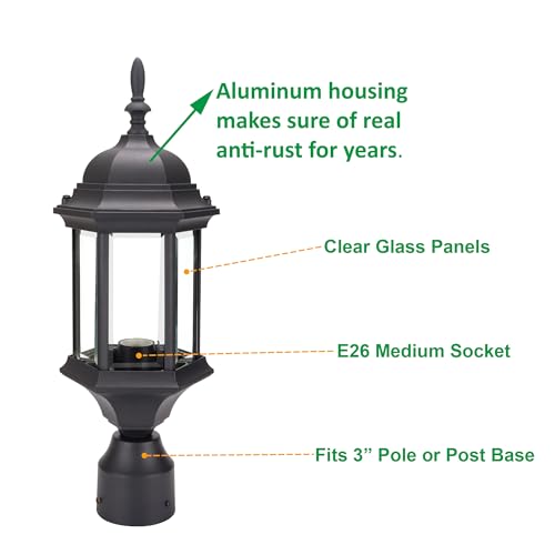 LIT-PaTH Outdoor Post Light, Rustproof Aluminum Pole Lamp, Black - color: Black Finish, size: 1-pack