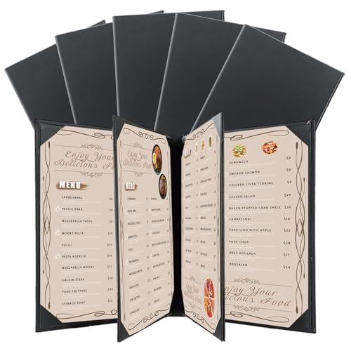 Restaurant Menu Covers Holders 8.5 X 11, 5 Pack Synthetic Leather Menu Holder Covers Book Style with Angled Corners Black for Wine List, Certificate Organizer Diploma Holder (4 Page 6 View) - size: 4 Page 6 View