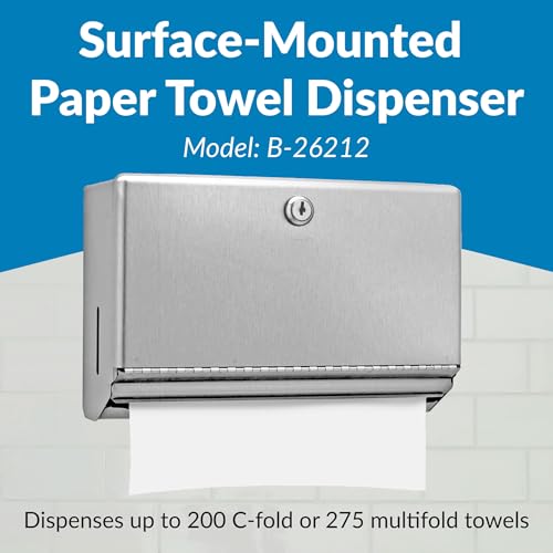Bobrick Surface-Mounted Paper Towel Dispenser, Satin-Finish Stainless Steel, Holds 200 C-Fold & 275 Multifold Towels, ADA Compliant, Manual Operation, Tumbler Lock, Hemmed Tray Opening (Model B-26212) - size: 7-1/8", style: Satin