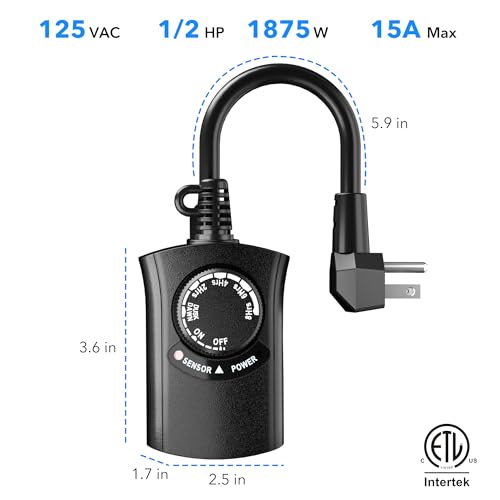 HBN Outdoor Light Timer Waterproof, Weatherproof Photocell Dusk to Dawn Light Sensor,2/4/6/8 Countdown Timer, 1 Grounded Outlet for Christmas Lights，Hallowen Deceration，1875W 15A 1/2HP - size: 1 Outlet