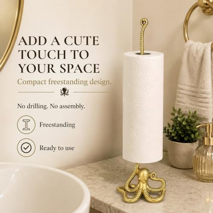 WallCharmers Gold Octopus Paper Towel Holder & Metal Toilet Paper Stand - color: Gold Octopus