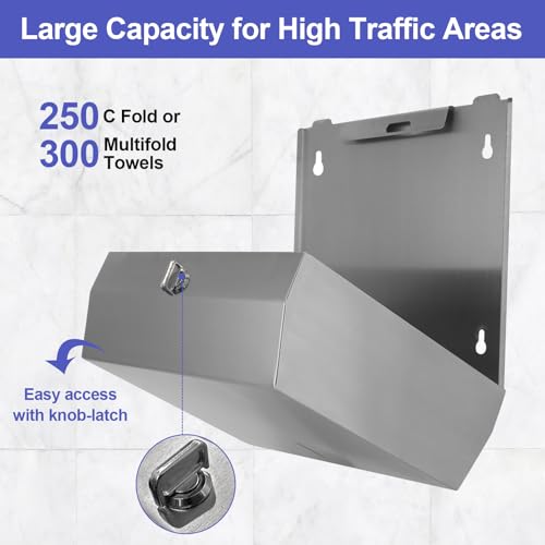 Stardrix Knob Latch (No Key Lock) Paper Towel Dispenser, Wall-Mount, Brushed Stainless Steel, Commercial Large Capacity, Fits 250 C-Fold / 300 Multi-Fold Towels - color: Brushed, size: 250 C Fold/300 Multi-Fold with Knob Latch
