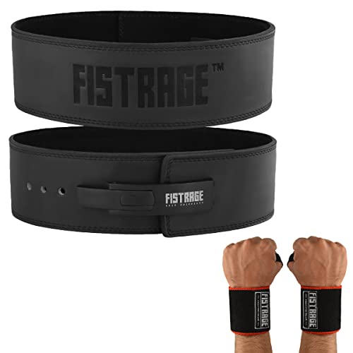 FISTRAGE Lever Buckle Weight Lifting Leather Black Belt Gym Back Support for Men & Women Training Fitness Exercise for Tough Workouts | Power Lifters | Supports Lumber Lower Back - color: Black, size: Large