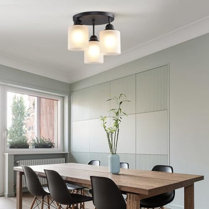 Semi Flush Mount Ceiling Light with Clear Glass Shades,3-Lights Industrial Semi Flush Mount Ceiling Light, 3-Light Industrial Black Light Fixtures Ceiling Mount for Kitchen Living Room Foyer - color: 3-Lights Milk Glass, size: 1 Pack