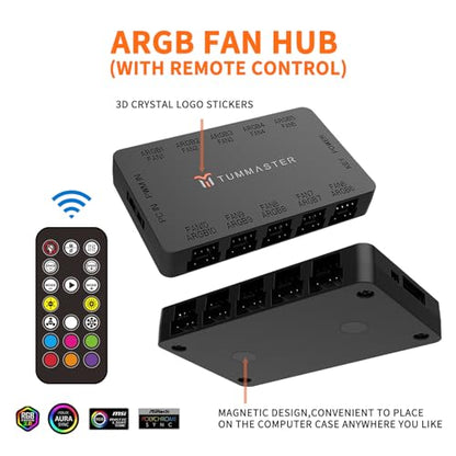 ARGB Fan HUB, 10-Port 4 Pin PC Fan Controller, 5V-3Pin ARGB Fan Hub, Magnetic Suction, SATA Power Input,RF Remote & Chassis key control,Controller Support 10 ARGB PWM Fans Splitter, Black - color: J-10 （Black）