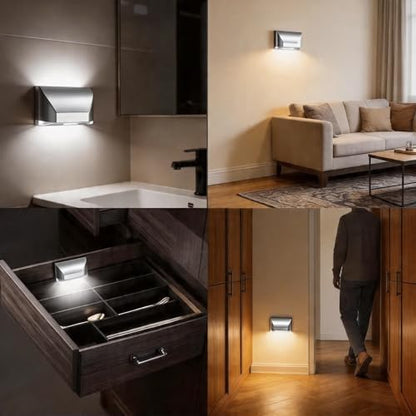 Key Light Door Light, Small Motion Sensor Light with 4 LED Bulbs, Battery Powered Night Lights for Hallway, Stairway, Kitchen, Closet, Bedroom (Silver) - color: Silver