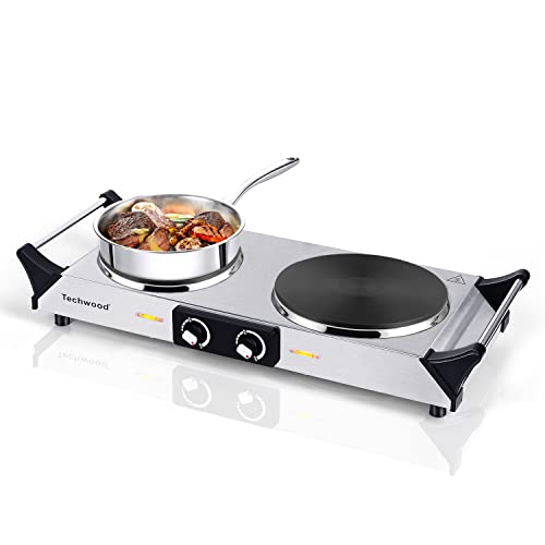 Hot Plate, Techwood 1800W Portable Electric Stove for Cooking Countertop Dual Burners with Adjustable Temperature & Handles, 7.5” Cooktop for Home/RV/Camp, Compatible for All Cookwares, Silver - color: Silver, size: Double Burner