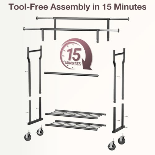 Heavy Duty Clothes Rack Load 960LBS, Adjustable Three Rods Rolling Garment Rack with Double-Layer Bottom Shelf, Portable Commercial Clothing Rack for Hanging Clothes with Wheels, Black - color: Black