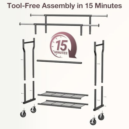 Heavy Duty Clothes Rack Load 960LBS, Adjustable Three Rods Rolling Garment Rack with Double-Layer Bottom Shelf, Portable Commercial Clothing Rack for Hanging Clothes with Wheels, Black - color: Black