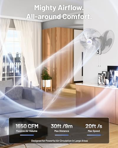iLiving Glow Oscillating Wall Mount Fan with Adjustable Tilt, 18-inch, 3 Speed, Metal Grille and Blade, 90 Degree Oscillation, Airflow 1650CFM, Ideal for Home, Bedroom, Gym & Office, Greenhouse - size: 18 In