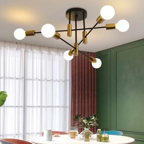 Garwarm Ceiling Light Fixture, 6-Lights Black and Gold Mid Century Semi Flush Mount Ceiling Light,Modern Sputnik Chandelier for Kitchen Dining Room Bedroom Entryway Hallway - color: 6-Lights,Black and Gold