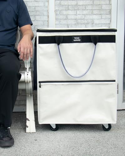 Large Beige Reusable Grocery Bag on Wheels, Folding Rolling Tote - color: Beige, size: Large