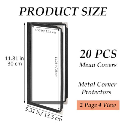 SHUESS 20 Pcs Menu Covers, 11 X 4.5 Inch 2 Page 4 View Restaurant Menu Covers with Clear Plastic Sleeves, Loose-Leaf Leather Order Holder with Leather Edges and Metal Clips for Restaurant, Bars, Café
