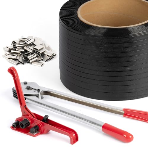 U.S. Solid Heavy Duty Packing Strapping Tensioner Kit 150 Metal Seals, 0.47" x 0.03" x 2460ft Polypropylene Strapping, Pallet Tensioner Sealing Tool - color: black