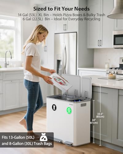 Lovewind Dual Trash Can, 14 + 6 Gallon Garbage Can for Kitchen Dual Compartment Recycling Kitchen Step Trash Bin, Stainless Steel Trash and Recycle Bin Combo with Soft-Close Lid, White - color: White, size: 14 + 6 Gallon