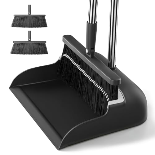 MOPALL Broom with Dustpan Combo Set with 53" Long Handle Inc 2 Broom Heads - color: Black & Grey
