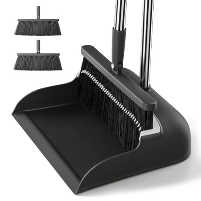 MOPALL Broom with Dustpan Combo Set with 53" Long Handle Inc 2 Broom Heads - color: Black & Grey