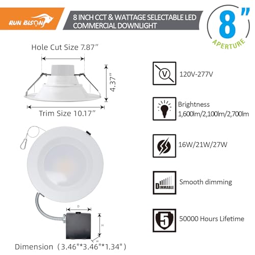 8 Inch Recessed LED Commercial Downlight with J-Box, Wattage Adjustable 16/21/27W,3 Color Selectable 3000K-5000K, 120-277V,10%-100% Dimmable, IC Rated,Canless LED Downlight - 8 Pack - color: White, size: 8 inch