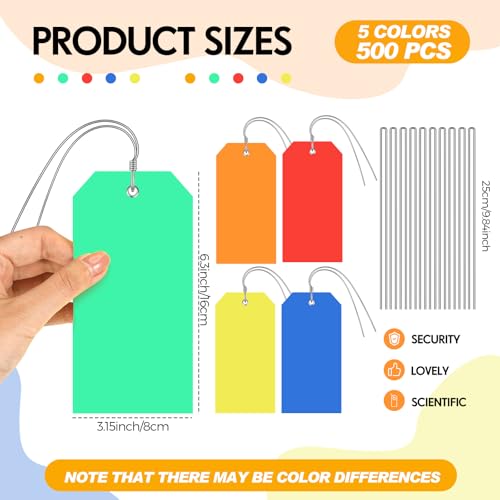 Pinkunn 500 Pack Plastic Hang Tags with Wires, 6.3 x 3.15 Inch Waterproof Heavy Duty Shipping Tags, Blank Labels with String for Name Price Luggage Clothing Inventory(Bright Color)