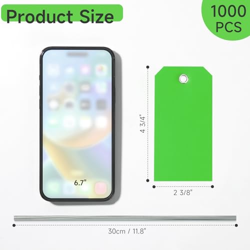 1000 Pieces Plastic Shipping Tags with Wire Labeling Tags Waterproof Hang Tags with Reinforcement Hole Writable Luggage tag Loops for Equipment Inventory Parts Garage (Green, 4 3/4" x 2 3/8") - color: Green