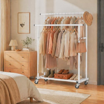 Calmootey Rolling Garment Rack, Sturdy Clothes Organizer for Bedroom - color: White, style: Double Rods