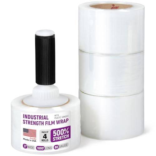 3" x 1000' Industrial Strength Stretch Wrap, Ready to Use Pack of 4 Mini Rolls with one Handle, Clear Plastic Film, 80 Gauge Thick, 500% Elongation – Heavy-Duty Shrink Wrap for Moving, Packing - style: Pack of 4