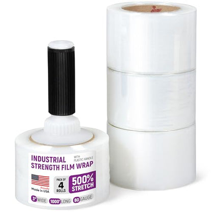 3" x 1000' Industrial Strength Stretch Wrap, Ready to Use Pack of 4 Mini Rolls with one Handle, Clear Plastic Film, 80 Gauge Thick, 500% Elongation – Heavy-Duty Shrink Wrap for Moving, Packing - style: Pack of 4