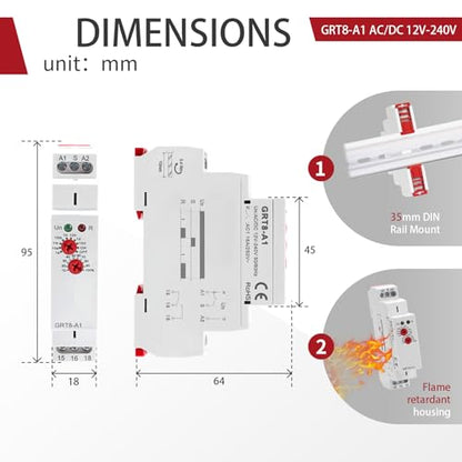 Delay On Time Relay 16A GRT8 A1 Timer Relay Voltage Range AC DC 12V to 240V - size: GRT8-A1 AC/DC 12V-240V