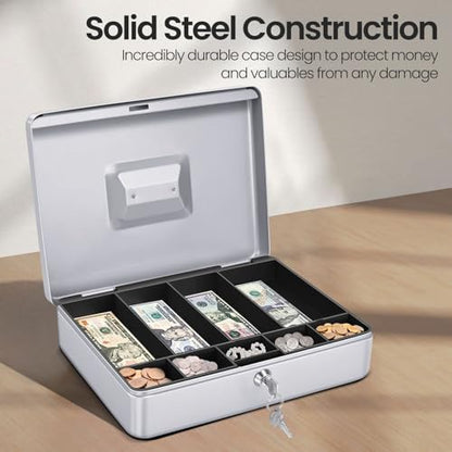 Flexzion Small Cash Box with Money Tray and Lock, 11.4-Inch, Silver - color: Silver