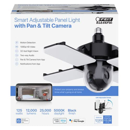 Feit Electric LED Garage Ceiling Light with Camera, Smart Security Garage Light WiFi 2.4GHz, Screw-in E26 Base, Motion Sensor, Two-Way Audio, Video Motion Notifications, 12,000 Lumens, 5000K Dimmable