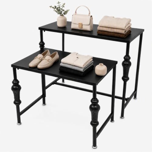 Nesting Tables Metal Shoe Handbag Display Stand, 2 Set Boutique Retail Display Tables, Retro Standing Display Riser Shelf for Retail Stores (Black) - color: Black