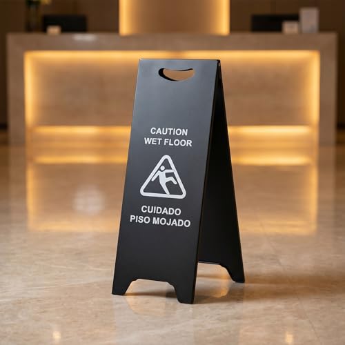 Bilingual Caution Wet Floor Sign, Foldable A-Frame Stand Commercial Grade - color: black
