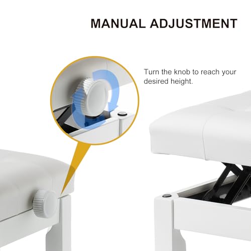 Adjustable Height Piano Bench, Wooden Piano Stool with Waterproof Padded Cushion, Bench Seat for Vanity, Bedroom, Living Room, White - color: Single-white