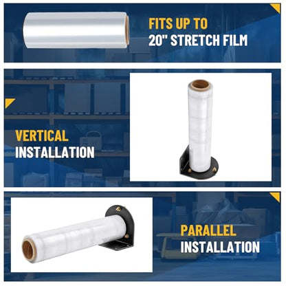 Wall Mountable Stretch Film Roll Stand, Fits up to 20" Stretch Film, Shrink Wrap Dispenser Holder Bracket with 7 Screws for Industry Manufacturing Logistics Retail, Shrink Wrap Not Included
