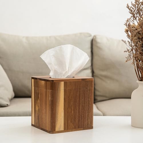Rustic Brown Wood Standard Square Facial Tissue Paper Dispenser Napkin Box Holder Hinged Metal Magnetic Wooden Lid Kitchen Organizer Rounded Corners Quick Refill Office Home Farmhouse