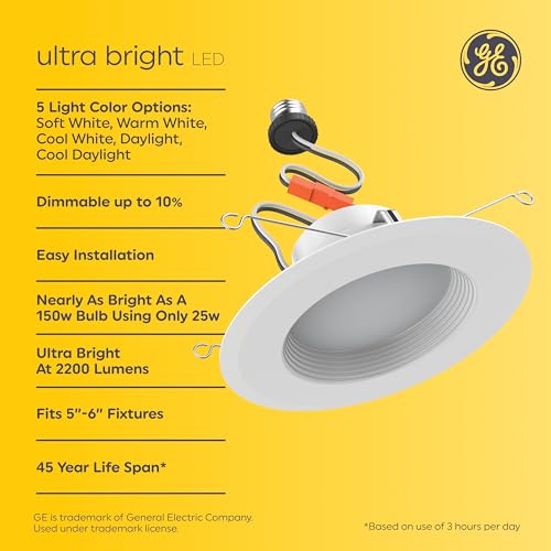 GE Ultra Bright LED Recessed Downlight Fixture, RS6 Indoor Floodlight, 6-Inch, Multiple Color Temperatures, 150 Watt Replacement (4 Pack) - style: 2200 Lumens
