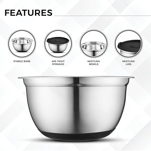 Avador Premium Stainless Steel Mixing Bowls, Set of 7 EXTRA Large Stainless Steel Mixing Bowl Set, Easy To Clean, Space Saving, Great for Cooking, Baking, Prepping (0.25, 1, 1.5, 3, 4, 5 and 8 Quart)