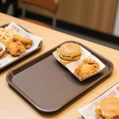 Fast Food Tray, SEHOI 8 Pack 16 x 12 Inches Plastic Fast Food Serving Tray, Coffee Color Rectangular Cafeteria Tray for Restaurant, Kitchen, Party, Picnic
