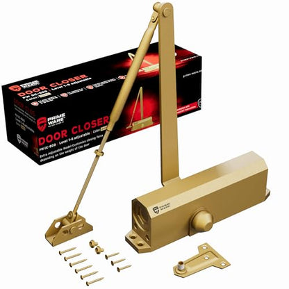 PrimeWare DC-600 Adjustable Automatic Door Closers for Home | Soft Close, No Slam | Residential and Commercial Door Closer | Level 1-6 | for Doors Weighing 30-300 lbs | Hydraulic Door Spring - Gold - size: Level 1-6, style: Gold
