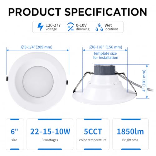 6 inch Commercial Canless LED Downlight, Wattage Adjustable 10/15/22W, 0-10V Dimmable Recessed Ceiling Light Fixture, 5 CCT 2700K-5000K, 120-277V IC Rated UL & Energy Star (1 Pack)