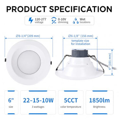 6 inch Commercial Canless LED Downlight, Wattage Adjustable 10/15/22W, 0-10V Dimmable Recessed Ceiling Light Fixture, 5 CCT 2700K-5000K, 120-277V IC Rated UL & Energy Star (1 Pack)
