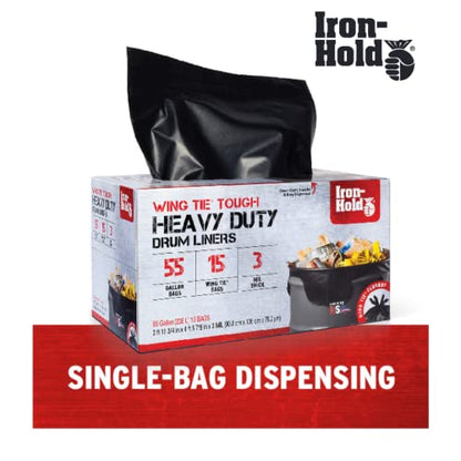Contractor Trash Bags - 55 Gallon, 15 Bags, Wing Tie Closure, 3 MIL Thick, Gusseted Bottom, Black - Heavy Duty Industrial Strength Garbage Bags