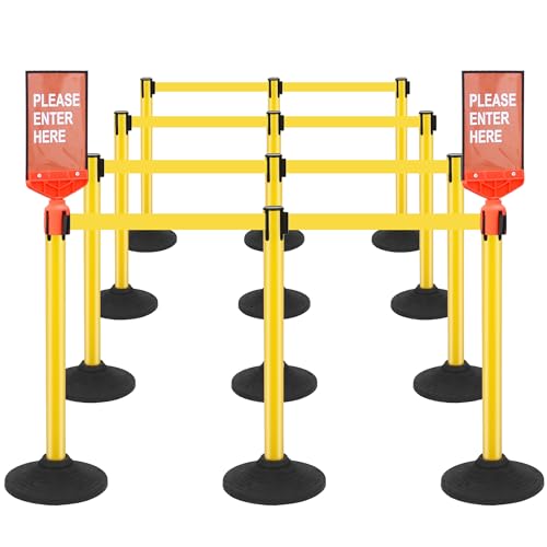 12 Pack Stanchions with Retractable Belts - Heavy Duty Crowd Control Barriers with Weighted Rubber Base, Retractable Belt Stanchions for Queue Line, Events, Public Safety(Yellow，12 Pack） - color: Yellow - 12 Pack, style: Round Base