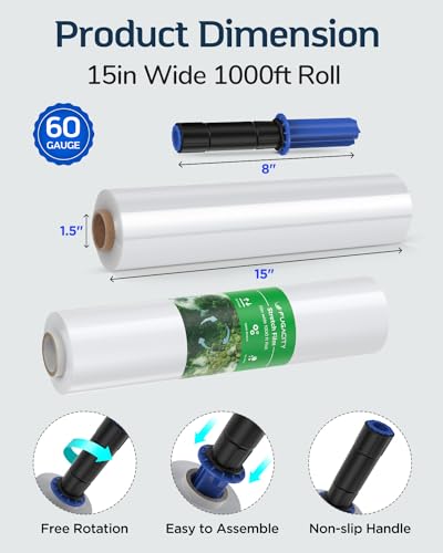 FugaCity Stretch Wrap Film-15 IN 1000 FT 60 Gauge (2 Roll with Handles) Shrink Wrap for Furniture Wrapping Shipping, Moving Supplies Clear Plastic Wrap, Heavy Duty Industrial Strength,500% Stretch - size: 2 Pack(with Handles)