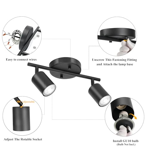 BoostArea LED 2 Light Track Lighting Kit, Black 2 Way Ceiling Spot Lighting, Flexibly Rotatable Light Head for Kitchen, Living Room, Bedroom, GU10 Bulb Not Included - color: 2 Light