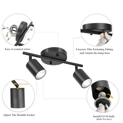 BoostArea LED 2 Light Track Lighting Kit, Black 2 Way Ceiling Spot Lighting, Flexibly Rotatable Light Head for Kitchen, Living Room, Bedroom, GU10 Bulb Not Included - color: 2 Light