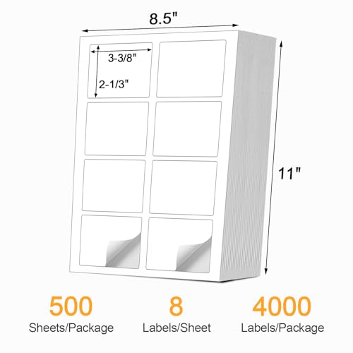 (4000 Labels/500 Sheets) Self Adhesive Name Tag Stickers, 8 Labels per Sheet, A4 Stickers 3-3/8" x 2-1/3" for Inkjet/Laser Printers, White Sticker Shipping/Mailing Labels, - color: 8 Up - 4000 Labels