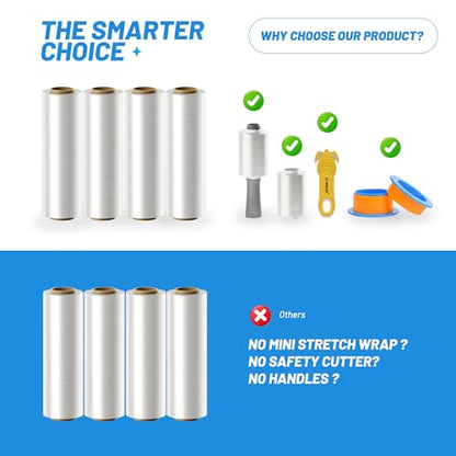 PRO 1000 Stretch Wrap for Furniture Wrapping & Moving, 15 Inch x 1000 Ft 70 Gauge with Rotating Handles, 4 Rolls + Bonus 4 Inch Mini Rolls & Safety Cutter, Heavy Duty Pallet Wrap Kit - size: 1000 ft