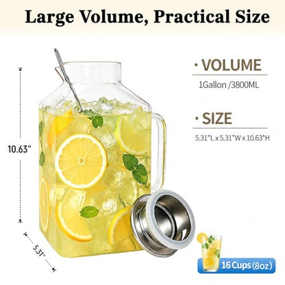 1 Gallon Square Glass Pitcher with Lid and Handle,Water Jug for Fridge