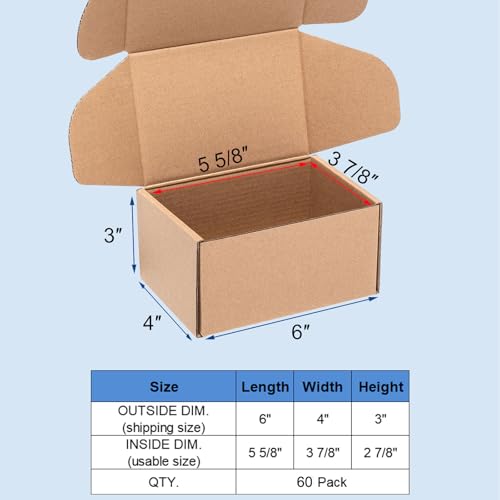 Wowxyz Shipping Boxes 6x4x3" 60 Pack Brown Corrugated Cardboard Box Mailer - size: 6x4x3"